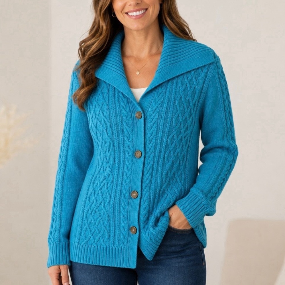LL Bean Turquoise Cable Knit Button Up Cotton Cardigan Sweater Medium Women